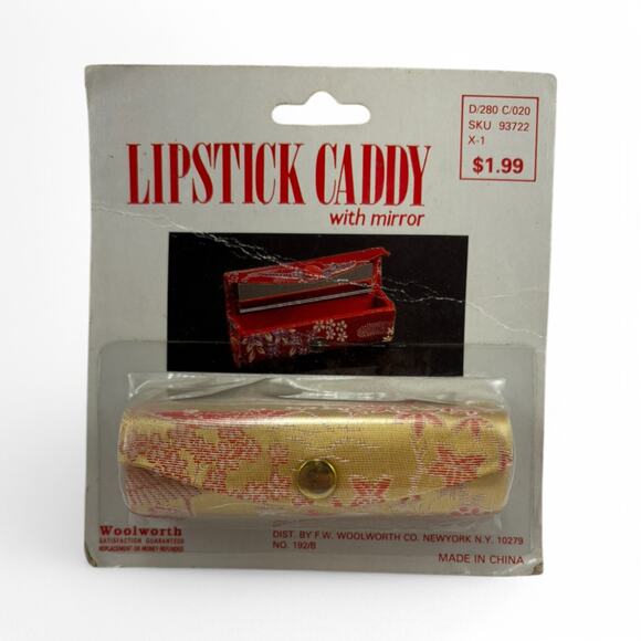 Vintage Woolworth Lipstick Caddy with Mirror Gold & Red Floral – New in Package - Picture 1 of 4